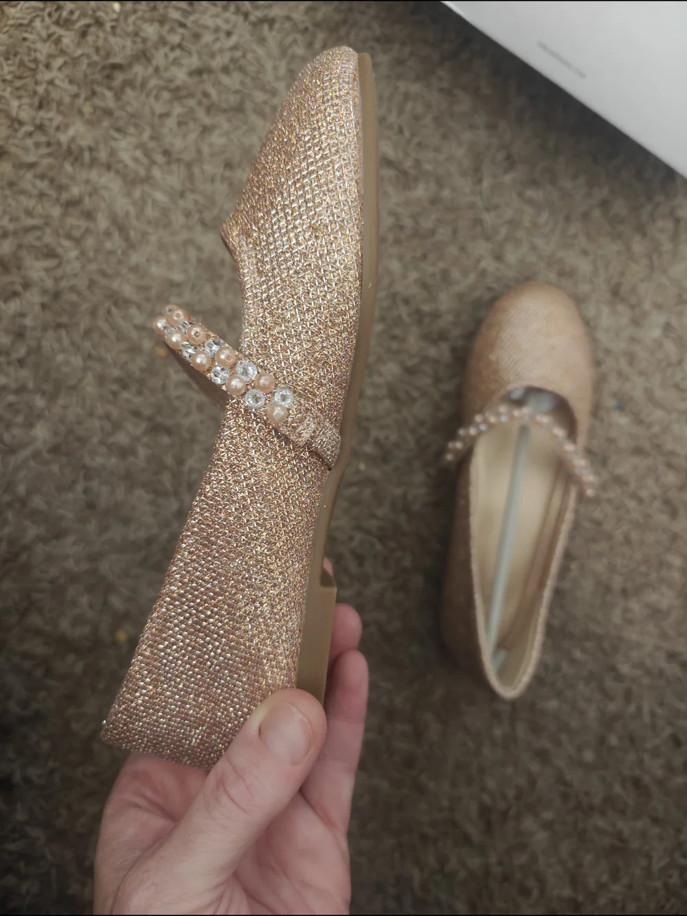 Girl's Glitter Pearl Strap Flats - Rose Gold Size 1